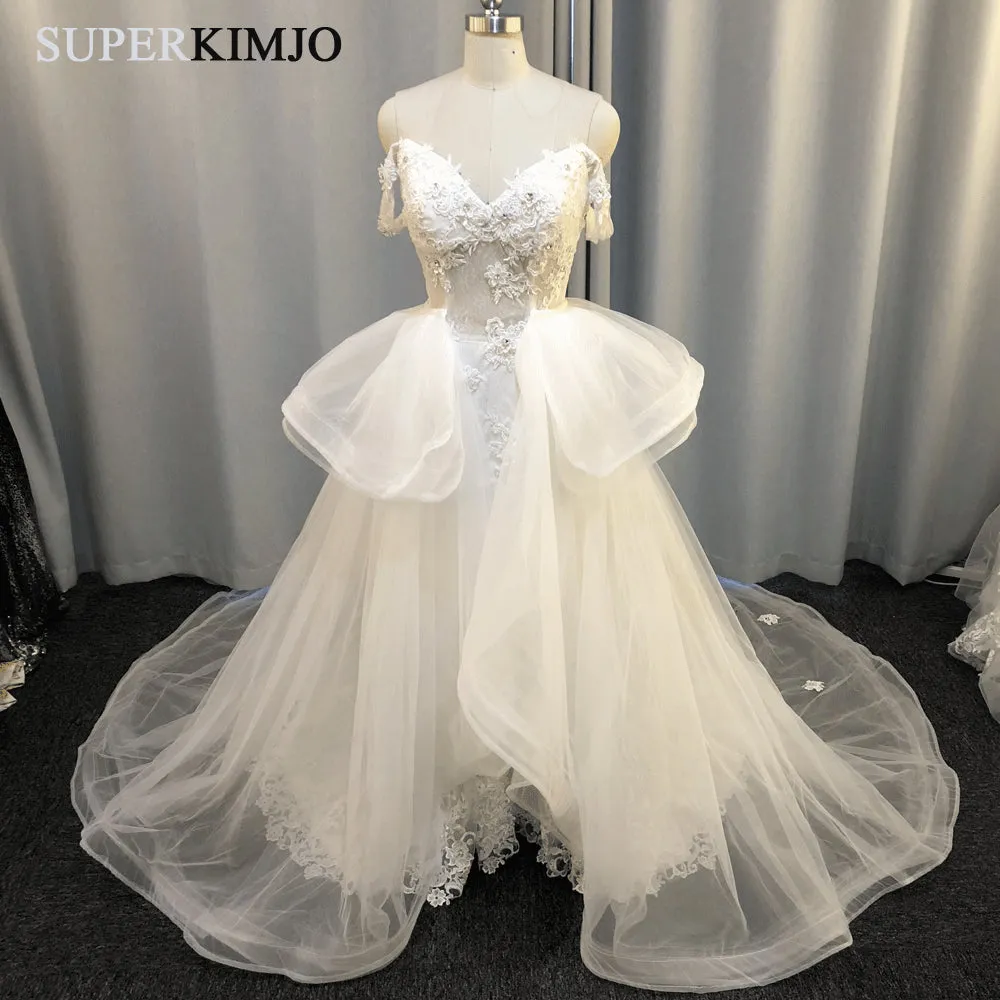Real Photo 2020 Lace Appliqué Wedding Dresses Detachable Skirt Elegant Tulle Cheap Wedding Gown Vestido De Novia