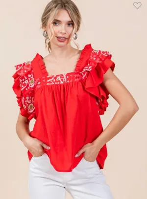 Red Embroidered Flutter Sleeve Top