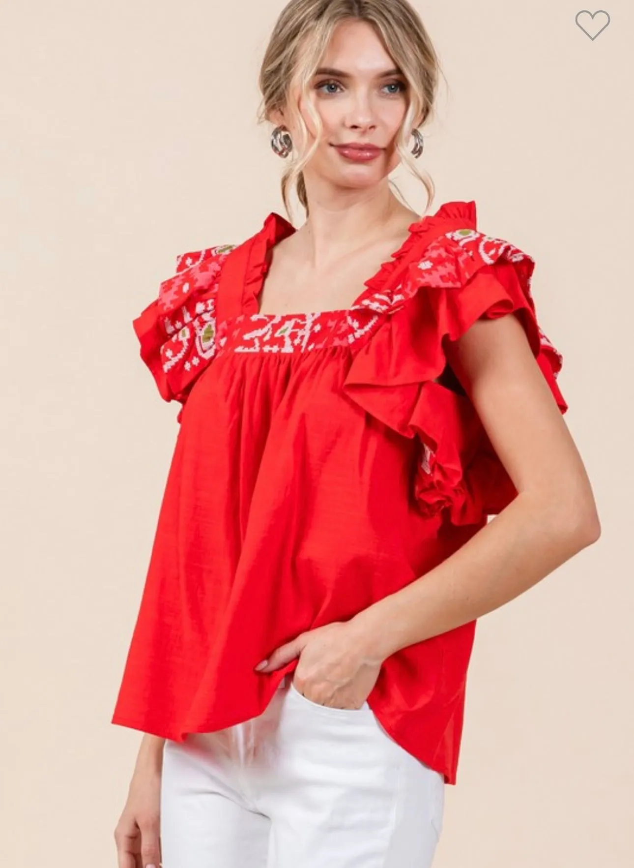 Red Embroidered Flutter Sleeve Top