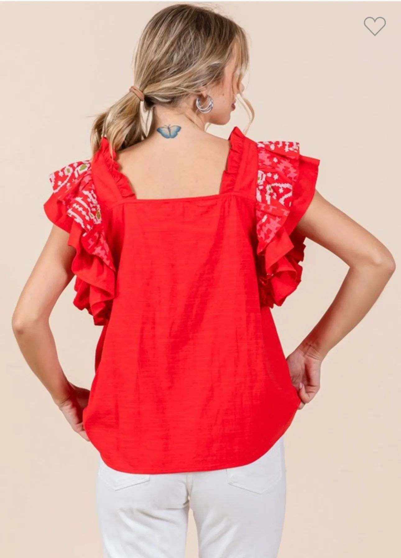 Red Embroidered Flutter Sleeve Top