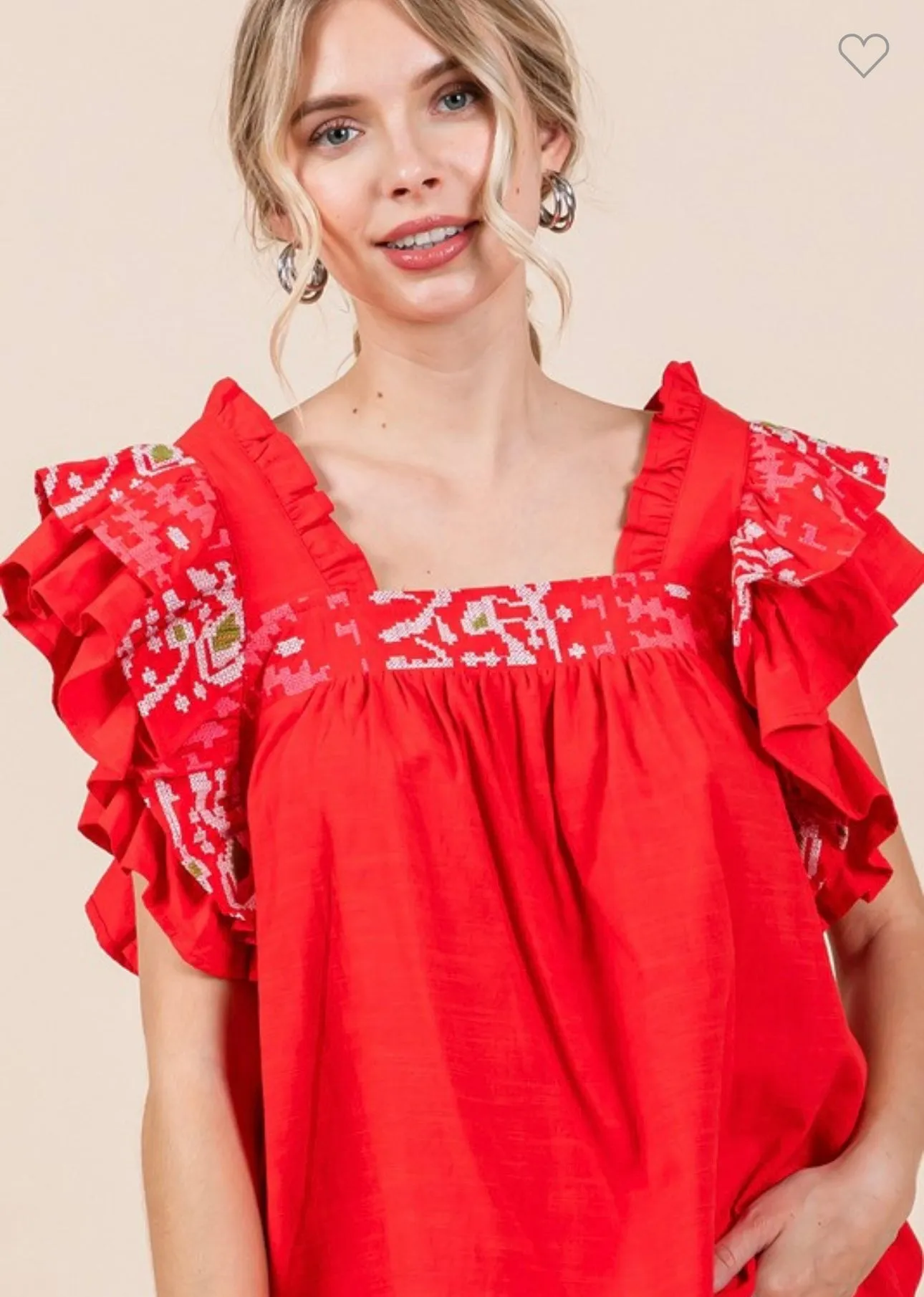 Red Embroidered Flutter Sleeve Top