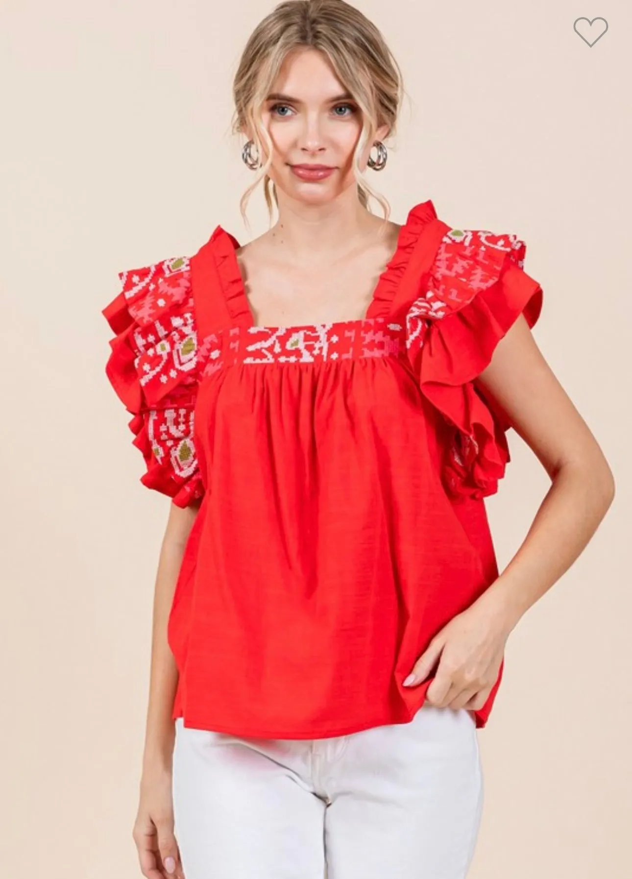 Red Embroidered Flutter Sleeve Top