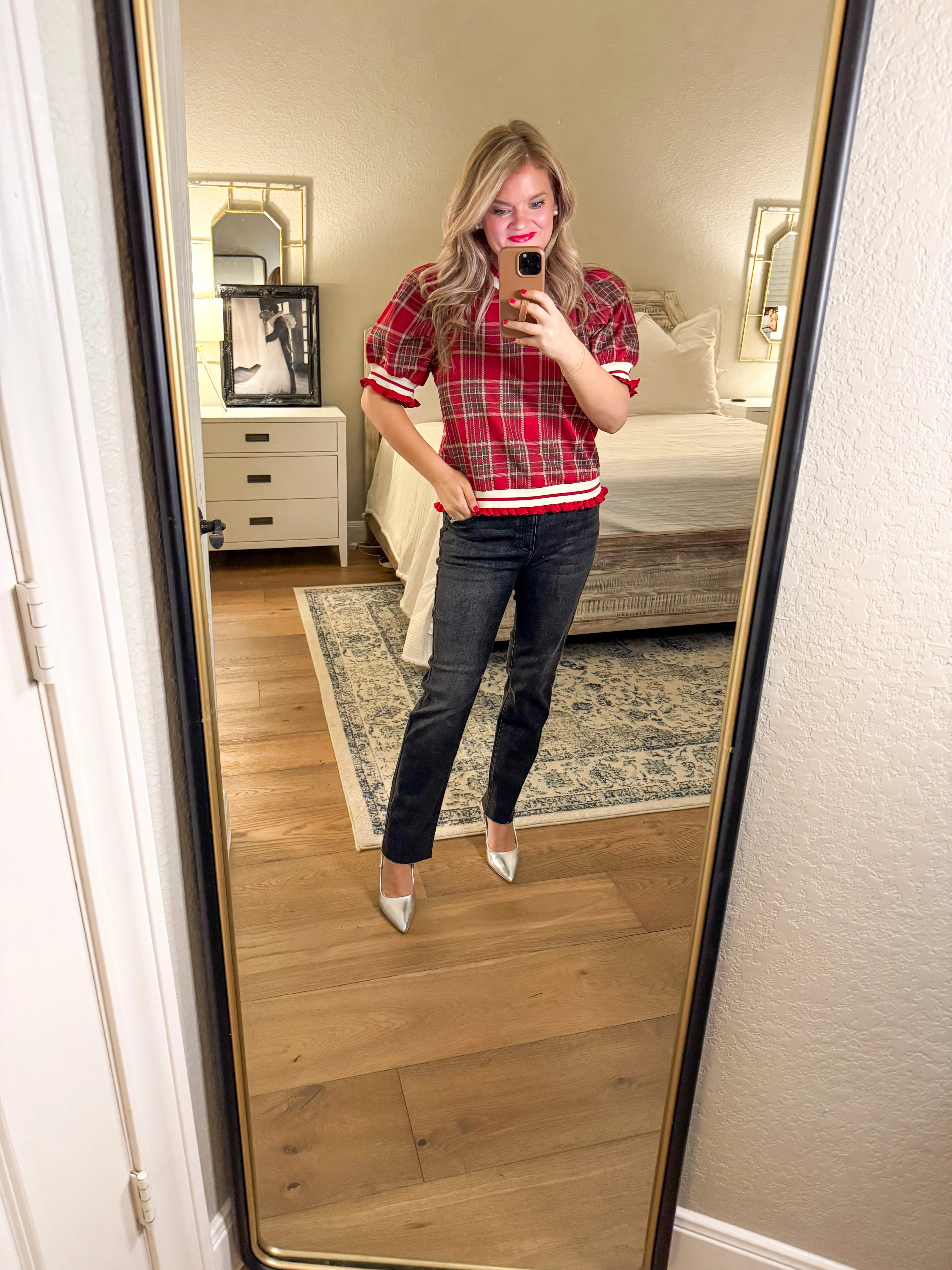 Red Plaid Puff Sleeve Top