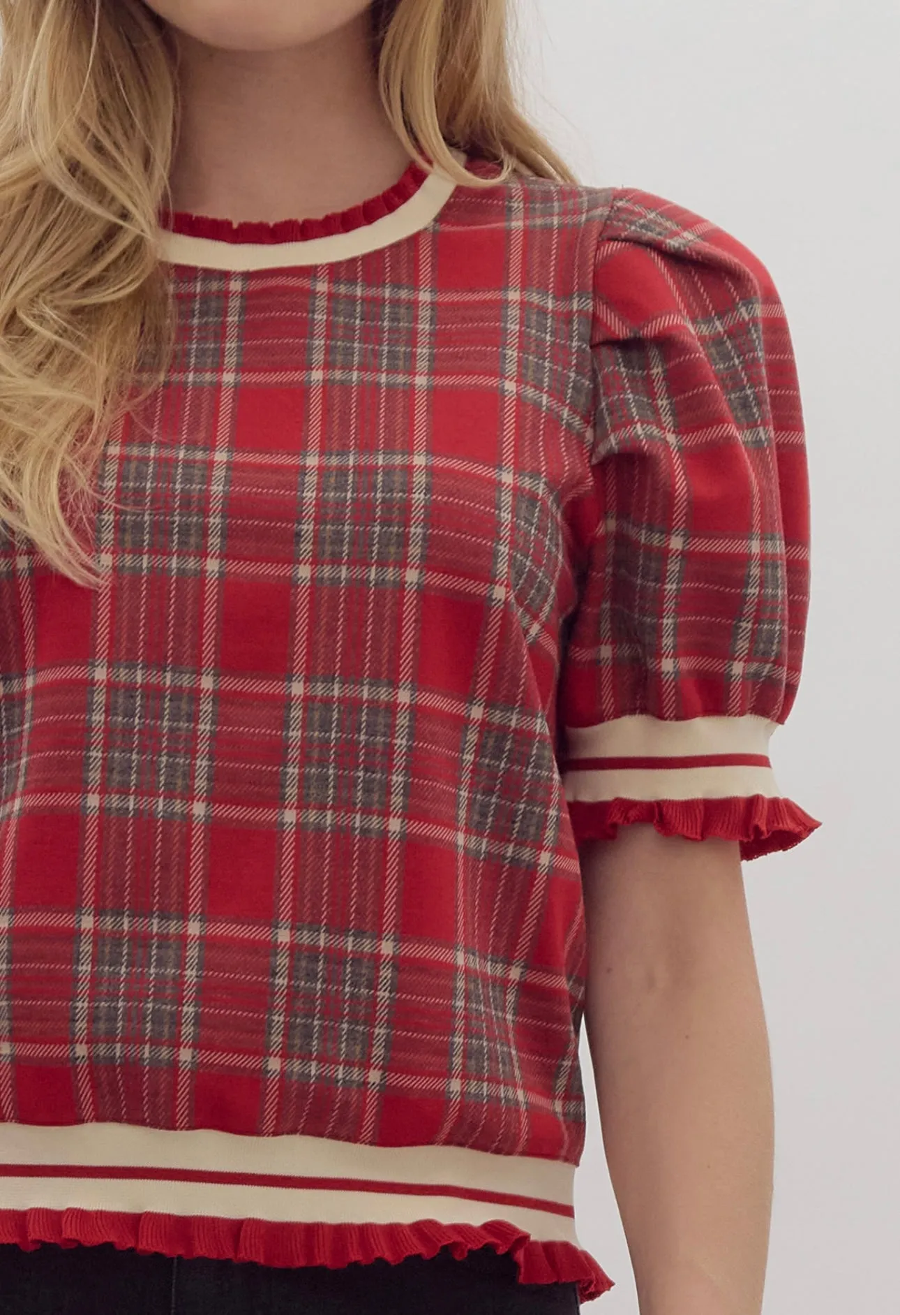 Red Plaid Puff Sleeve Top