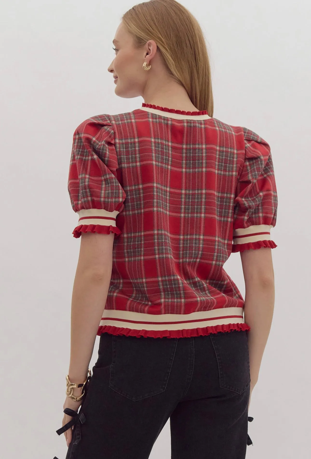 Red Plaid Puff Sleeve Top