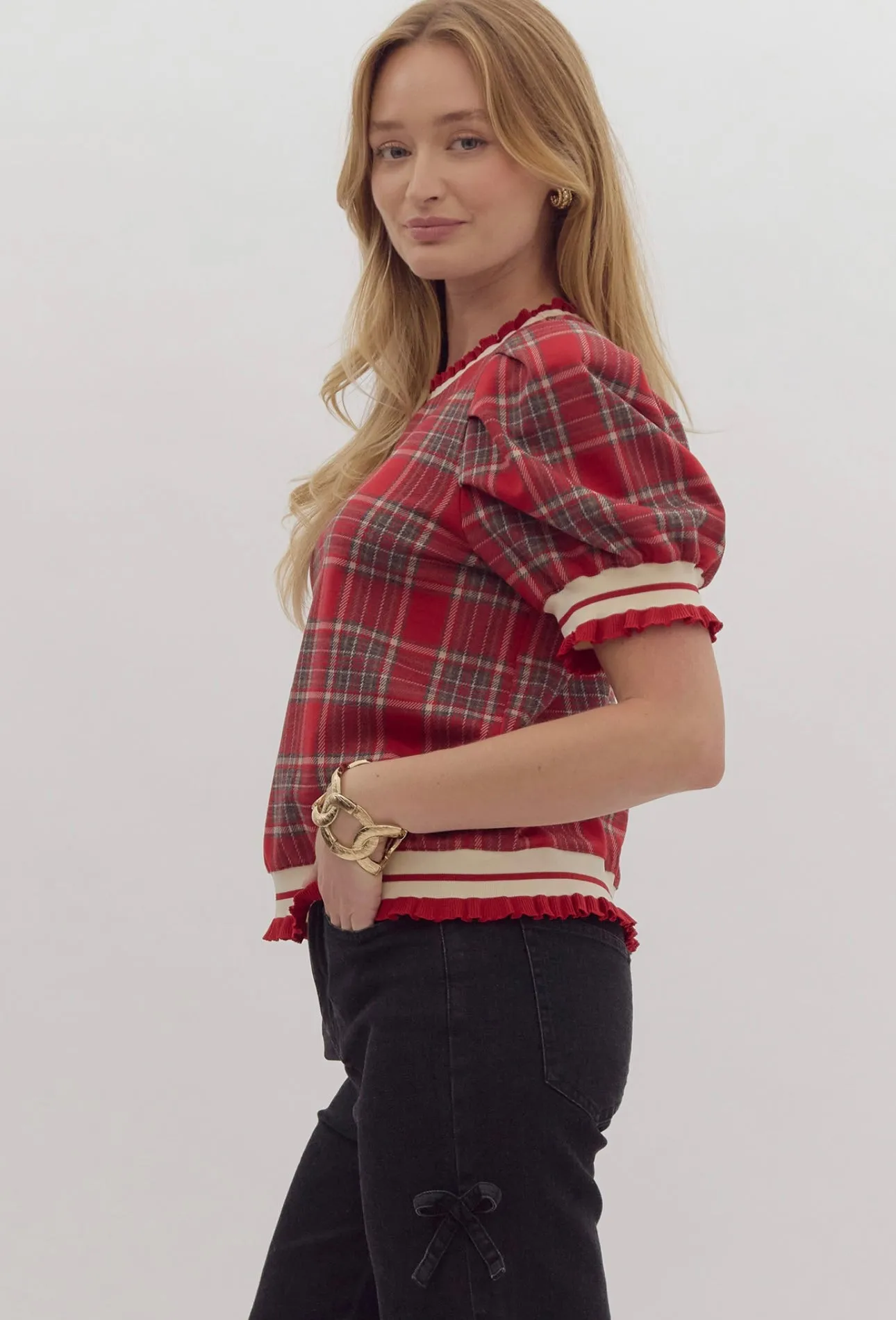 Red Plaid Puff Sleeve Top