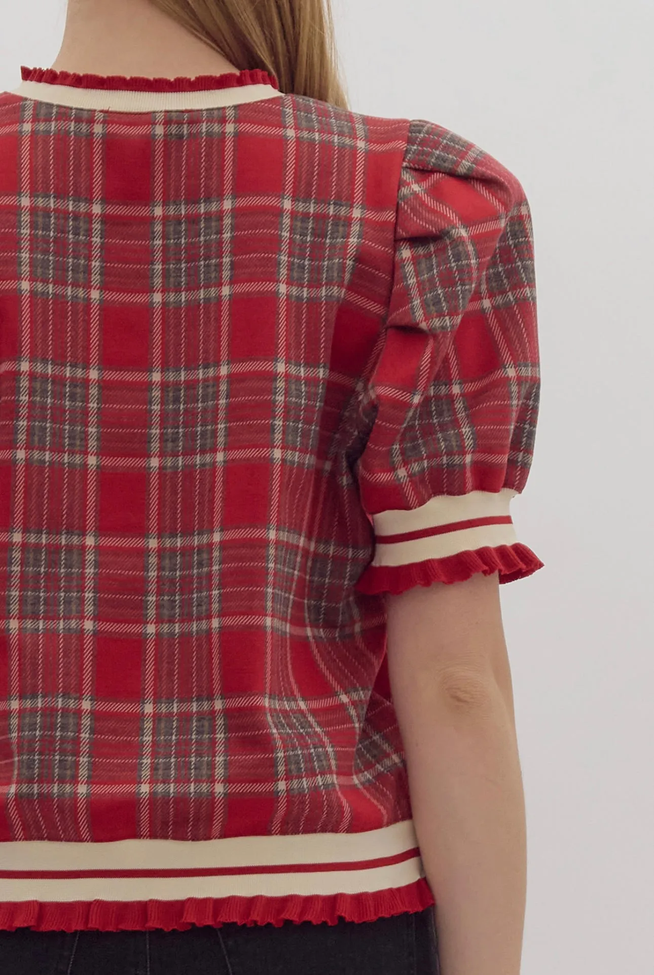 Red Plaid Puff Sleeve Top