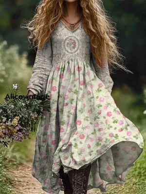 Retro Floral Art Print Vintage Chic V-Neck Button Up Long Sleeve Midi Dress