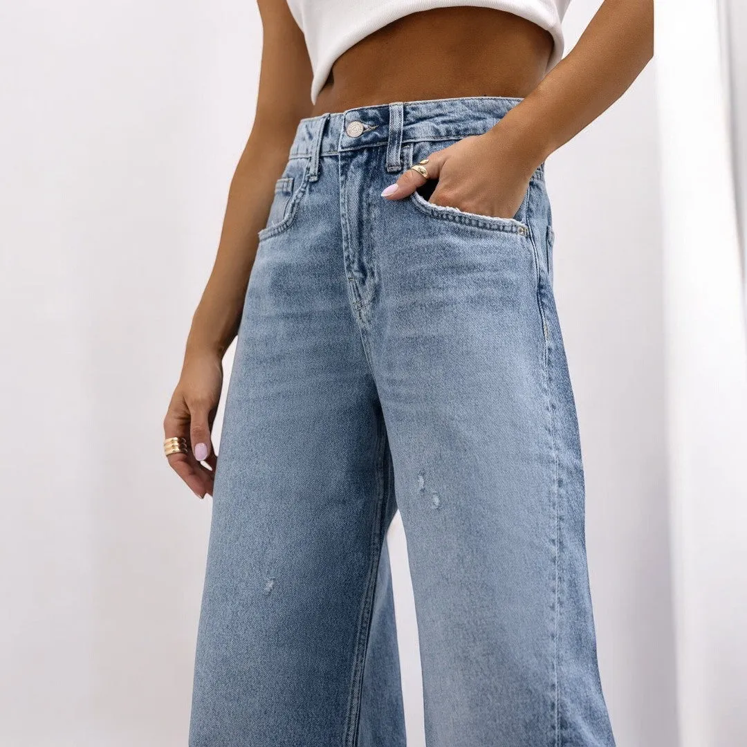 Retro Straight Ripped Wide Leg Jeans