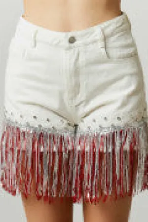 Rhinestone Studded Denim Shorts with Front Fringe Trim