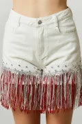 Rhinestone Studded Denim Shorts with Front Fringe Trim