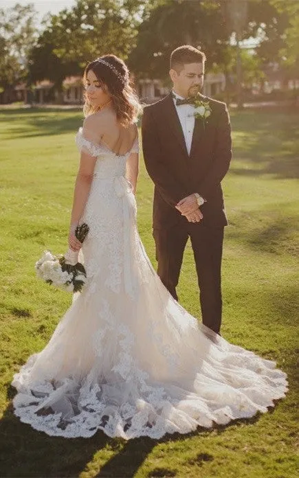 Romantic Mermaid Off-the-shoulder Lace Wedding Dress with Sash-716403