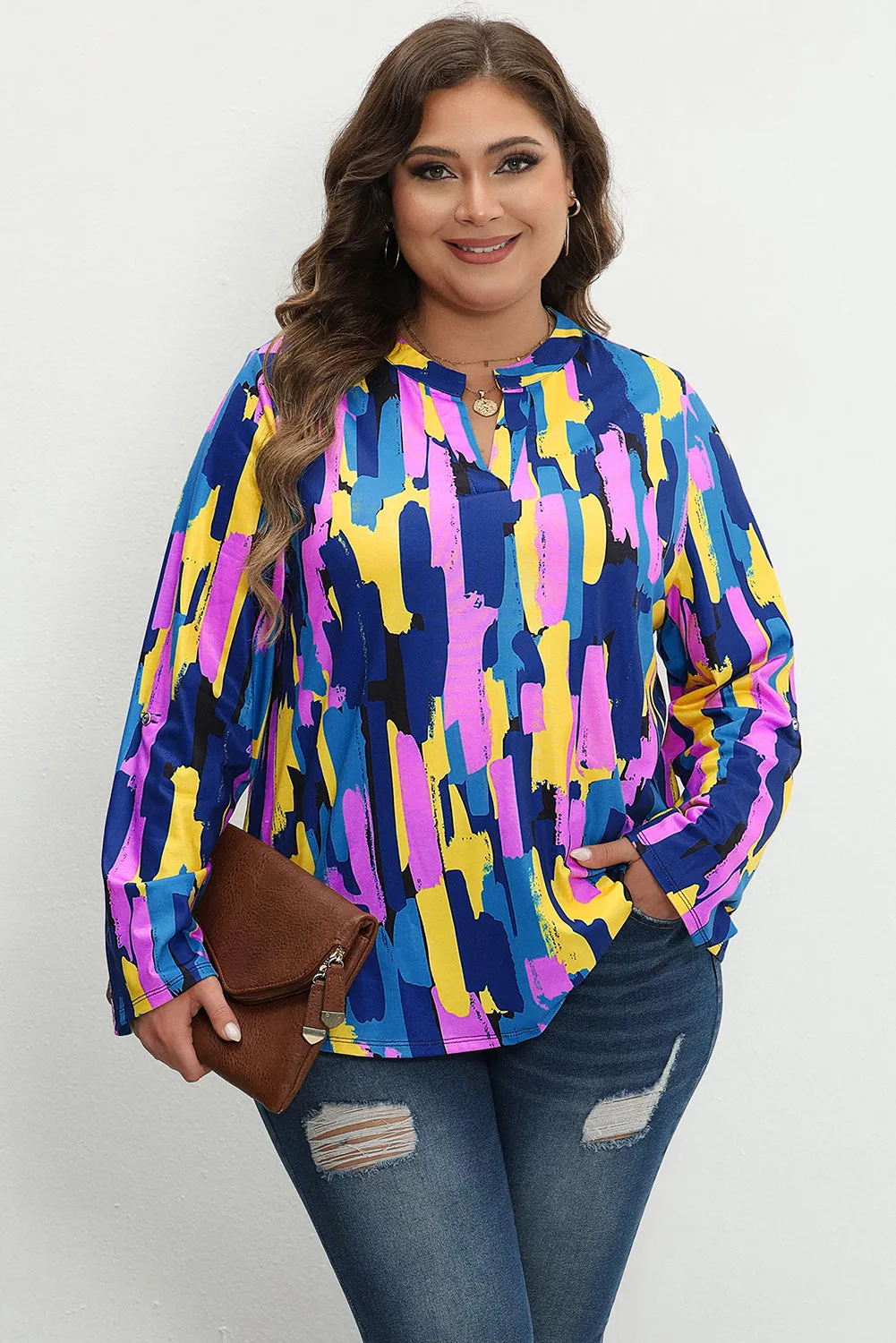 Rose Abstract Brushwork Print Buttoned V Neck Blouse