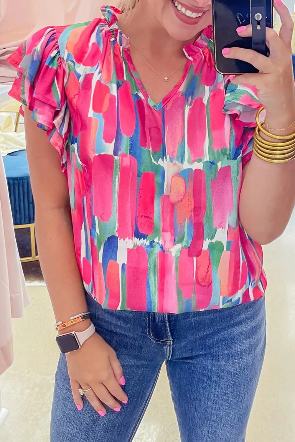 Rose Abstract Brushwork Print Buttoned V Neck Blouse