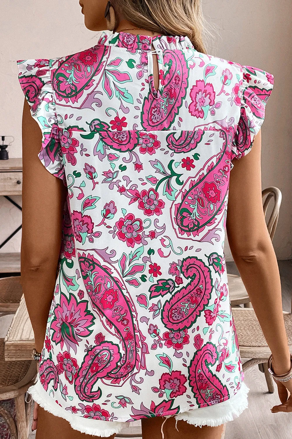 Rose Paisley Floral Smocked Frilled Neck Flutter Sleeve Blouse