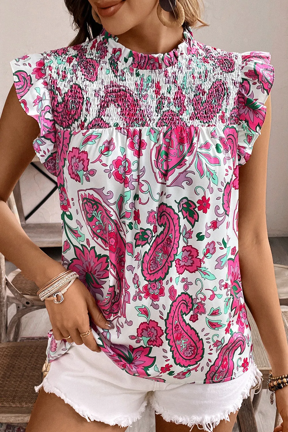 Rose Paisley Floral Smocked Frilled Neck Flutter Sleeve Blouse