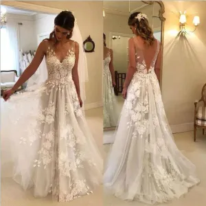 Roycebridal Fairy A Line Wedding Dress Sleeveless Vintage Boho Bridal Dress Deep V Neck Tulle Wedding Dresses Robe de mariee