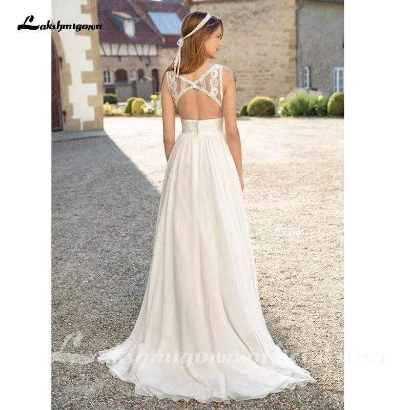 Roycebridal Lakshmigown White ivory Beach Wedding Dresses 2021 A Line Lace Bride Dresses Chiffon Wedding Gowns Vestidos de novia