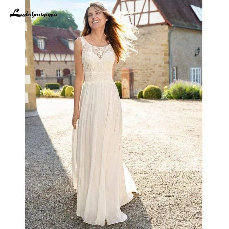 Roycebridal Lakshmigown White ivory Beach Wedding Dresses 2021 A Line Lace Bride Dresses Chiffon Wedding Gowns Vestidos de novia