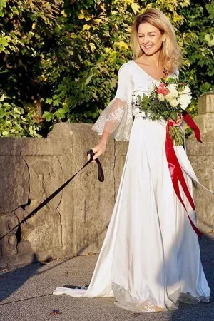 Roycebridal Satin A-line V-neck V Back 3/4 Sleeves Boho Wedding Dress with Lace,MW432