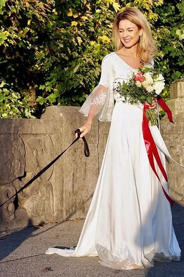 Roycebridal Satin A-line V-neck V Back 3/4 Sleeves Boho Wedding Dress with Lace,MW432