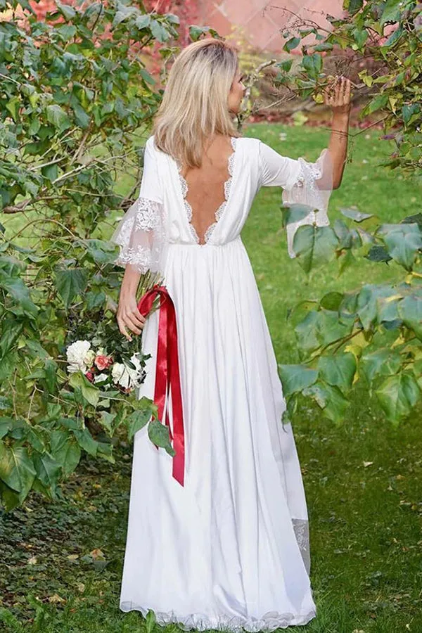 Roycebridal Satin A-line V-neck V Back 3/4 Sleeves Boho Wedding Dress with Lace,MW432