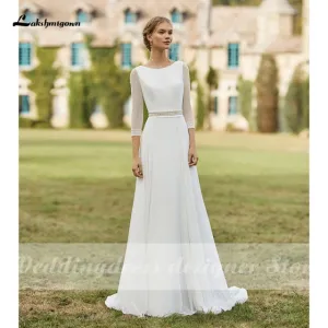 Roycebridal Simple Boho Wedding Dresses  Removable Train Scoop Neck vestido de novia Chiffon A Line Bridal Dresses with 3/4 Sleeves
