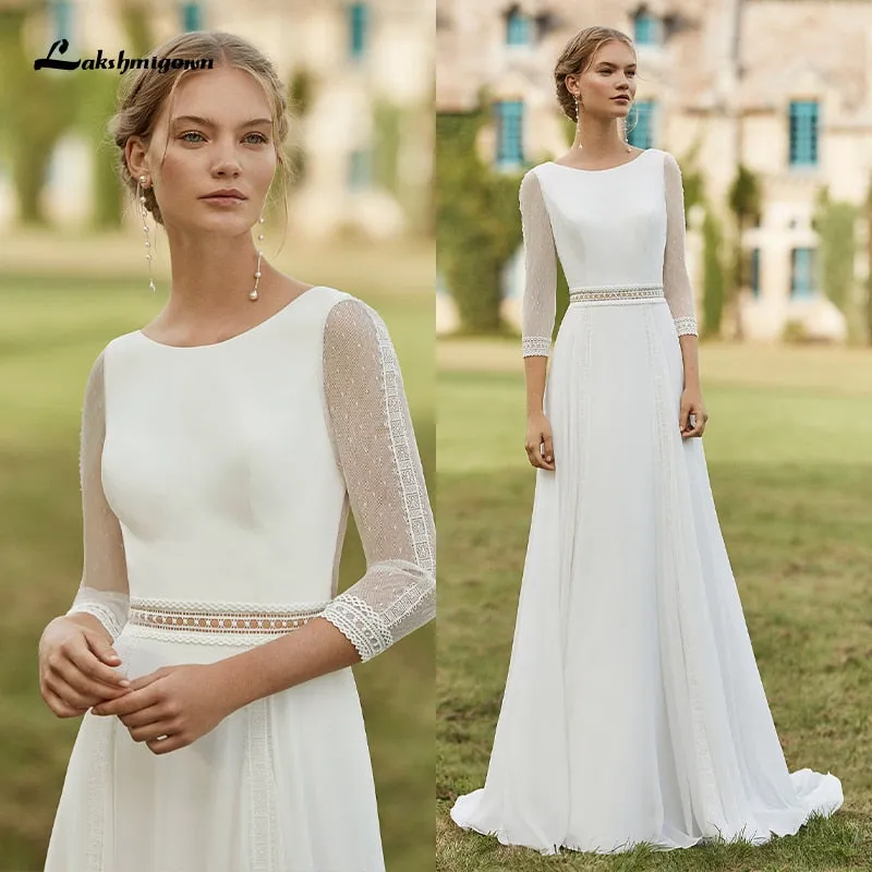 Roycebridal Simple Boho Wedding Dresses  Removable Train Scoop Neck vestido de novia Chiffon A Line Bridal Dresses with 3/4 Sleeves