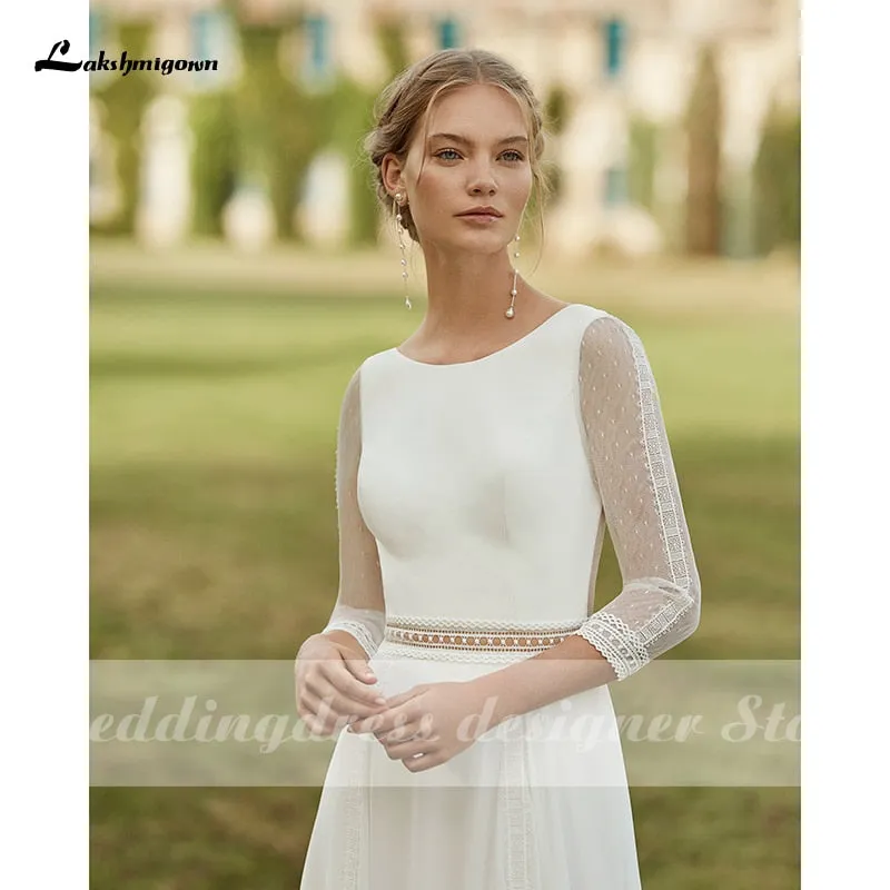 Roycebridal Simple Boho Wedding Dresses  Removable Train Scoop Neck vestido de novia Chiffon A Line Bridal Dresses with 3/4 Sleeves