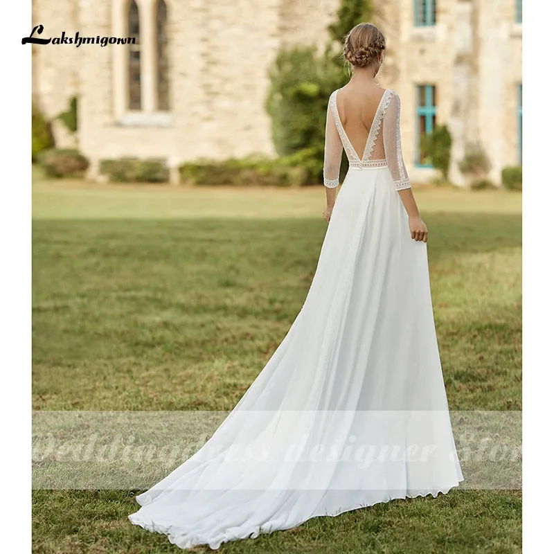 Roycebridal Simple Boho Wedding Dresses  Removable Train Scoop Neck vestido de novia Chiffon A Line Bridal Dresses with 3/4 Sleeves