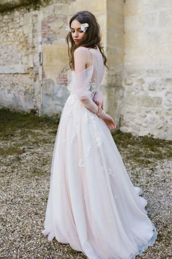 Roycebridal Tulle A-line Long Sleeves Beach Wedding Dresses With Lace Appliques, MW1029