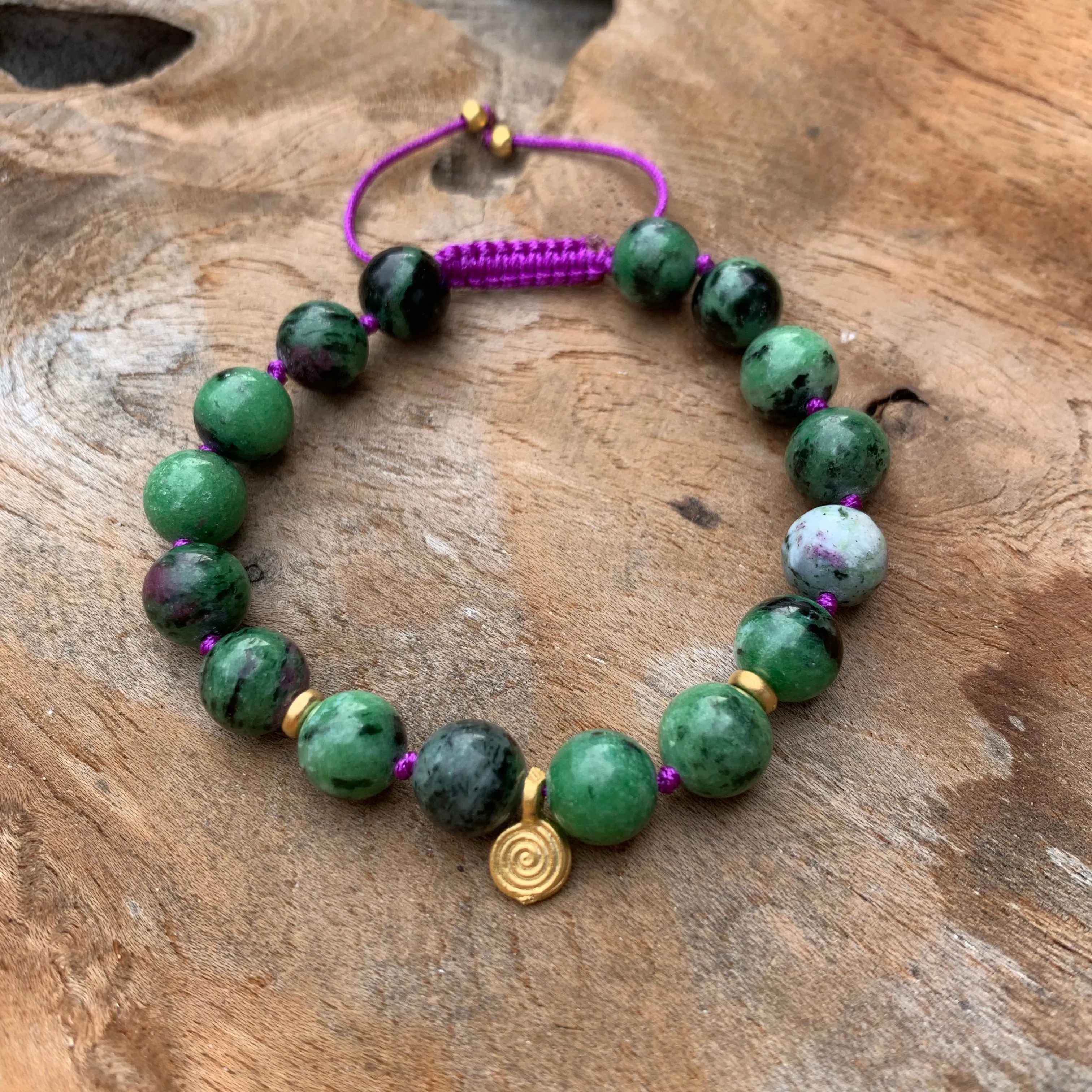 Ruby Zoisite Adjustable Beaded Bracelet with Gold Four Leaf Clover