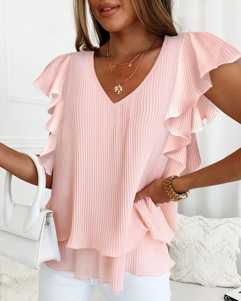 Ruffle Hem V Neck Flowy Top