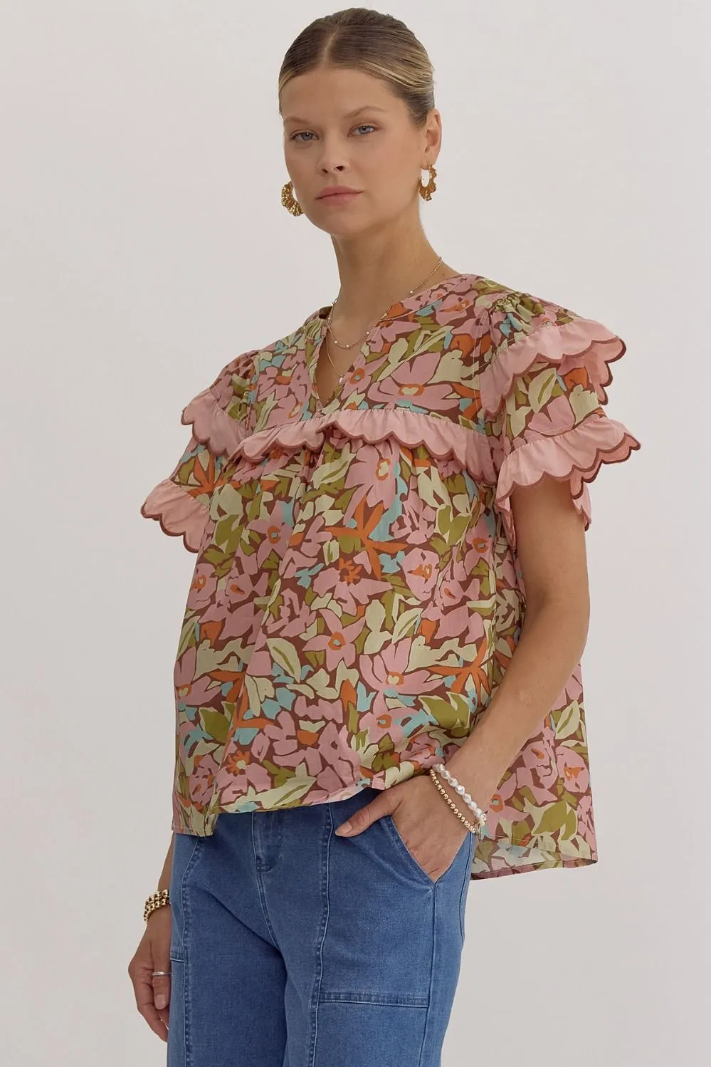 Rust & Pink Scallop Blouse