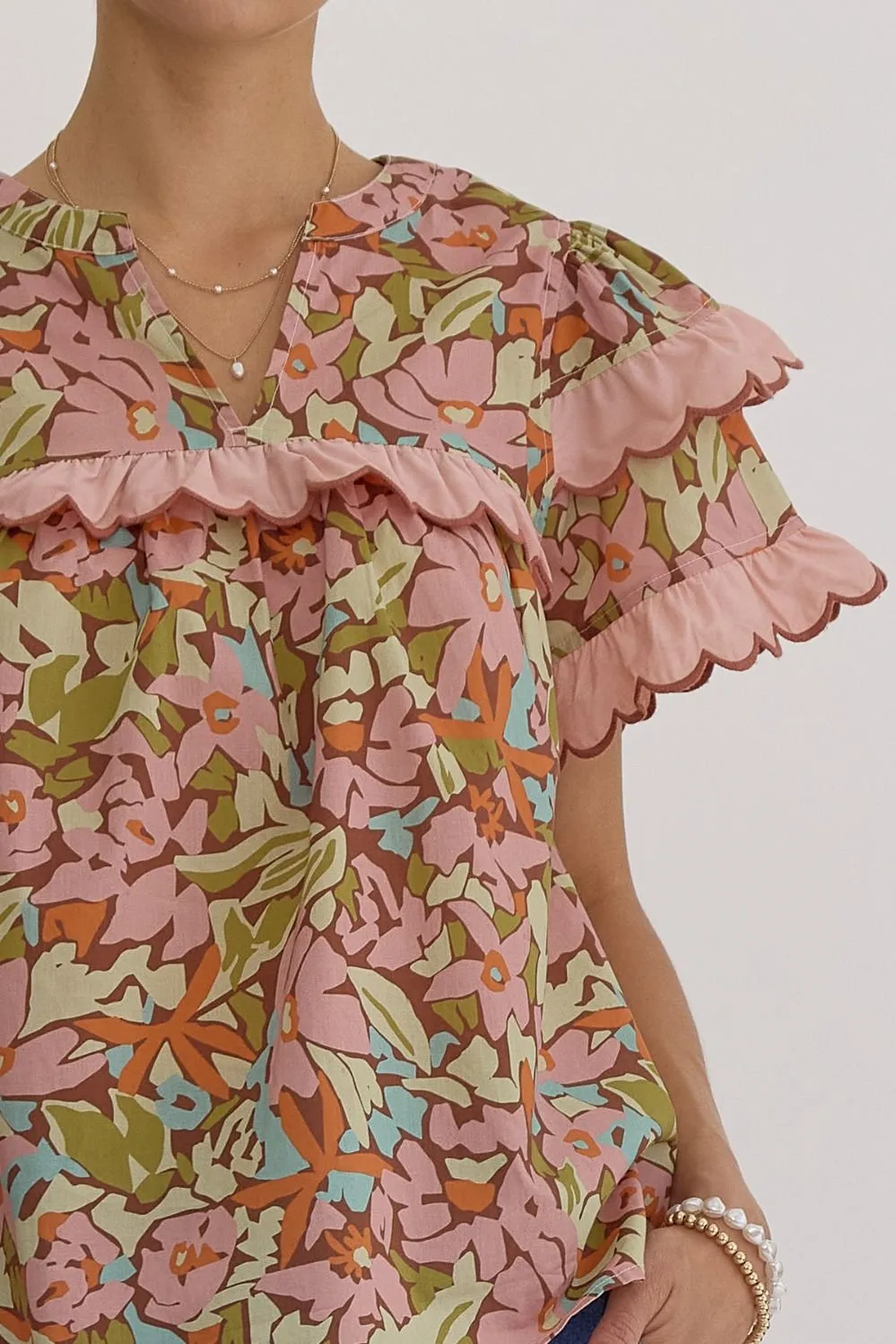 Rust & Pink Scallop Blouse