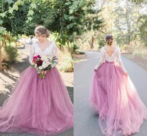 Rustic Mauve Tulle Lace Long Sleeves See Through Wedding Dresses, SW385