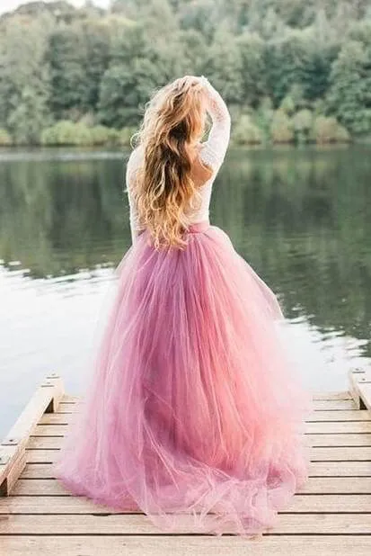 Rustic Mauve Tulle Lace Long Sleeves See Through Wedding Dresses, SW385