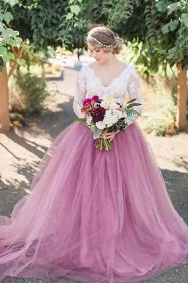 Rustic Mauve Tulle Lace Long Sleeves See Through Wedding Dresses, SW385
