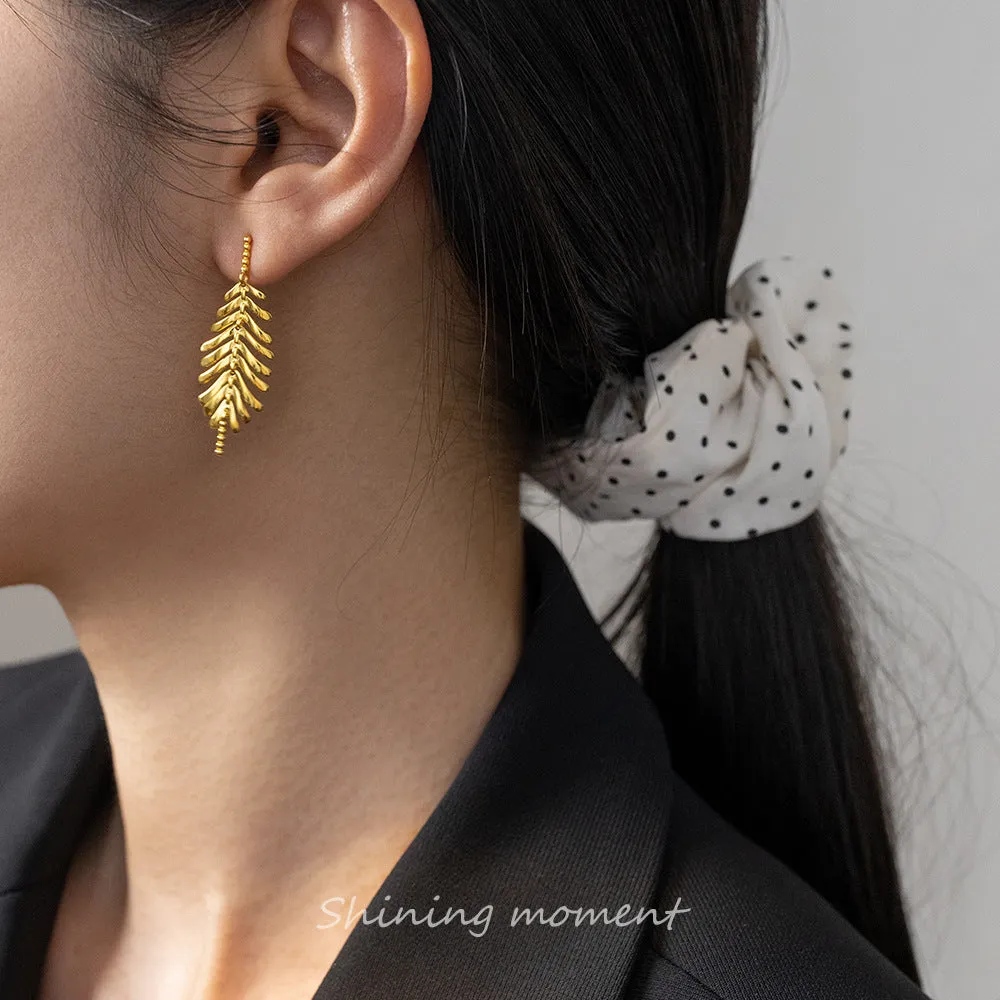 S925 Silver Glossy Tassel Leaf Drop Earrings