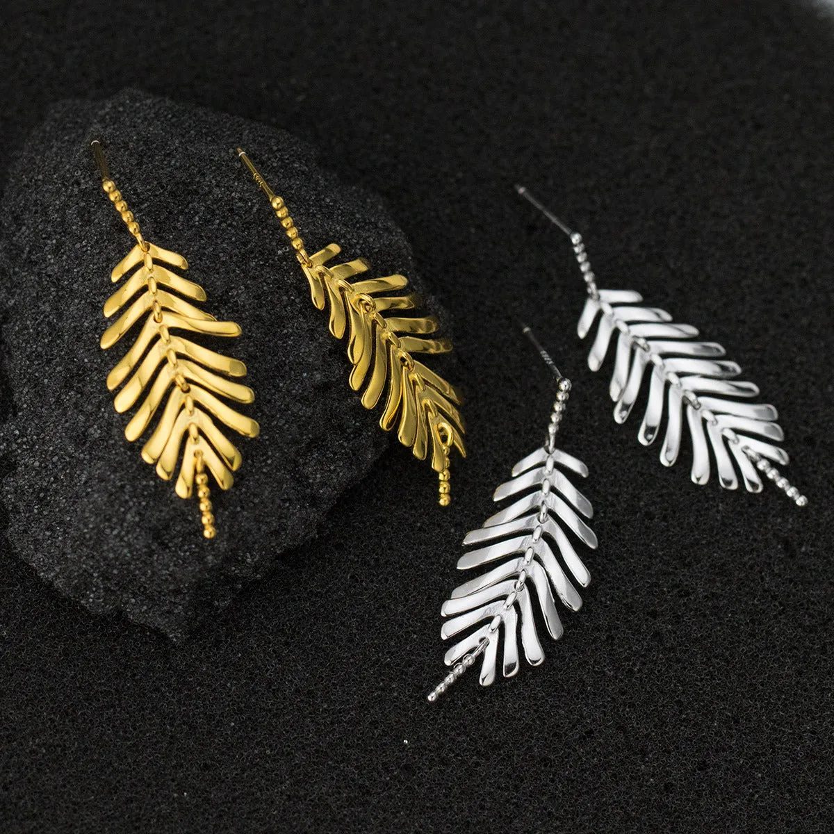 S925 Silver Glossy Tassel Leaf Drop Earrings
