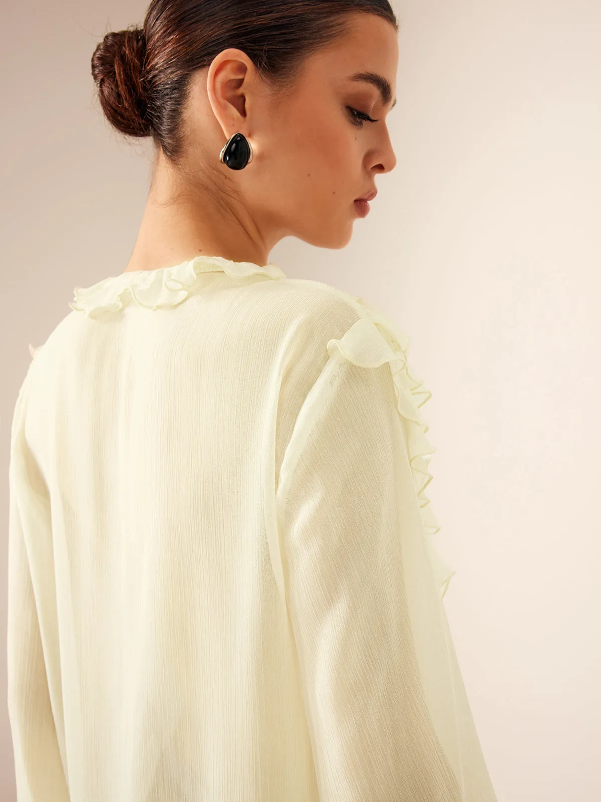 Semi-Sheer Ruffle Chiffon Breasted Blouse