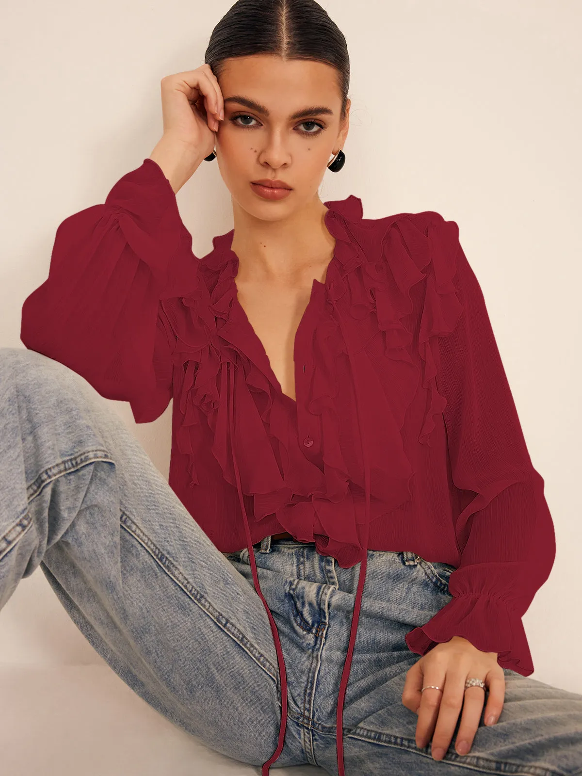 Semi-Sheer Ruffle Chiffon Breasted Blouse