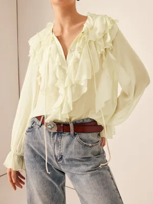 Semi-Sheer Ruffle Chiffon Breasted Blouse