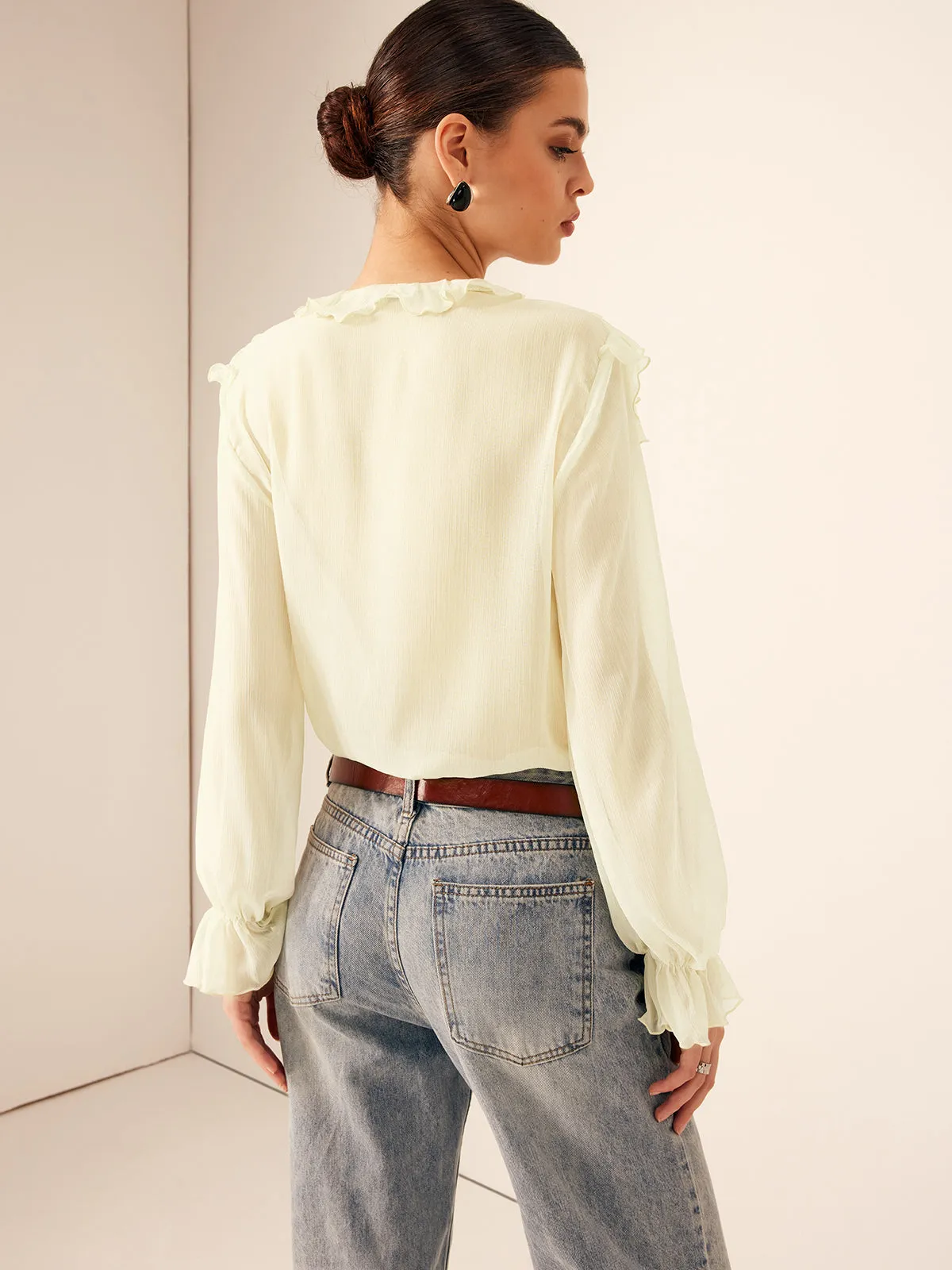 Semi-Sheer Ruffle Chiffon Breasted Blouse