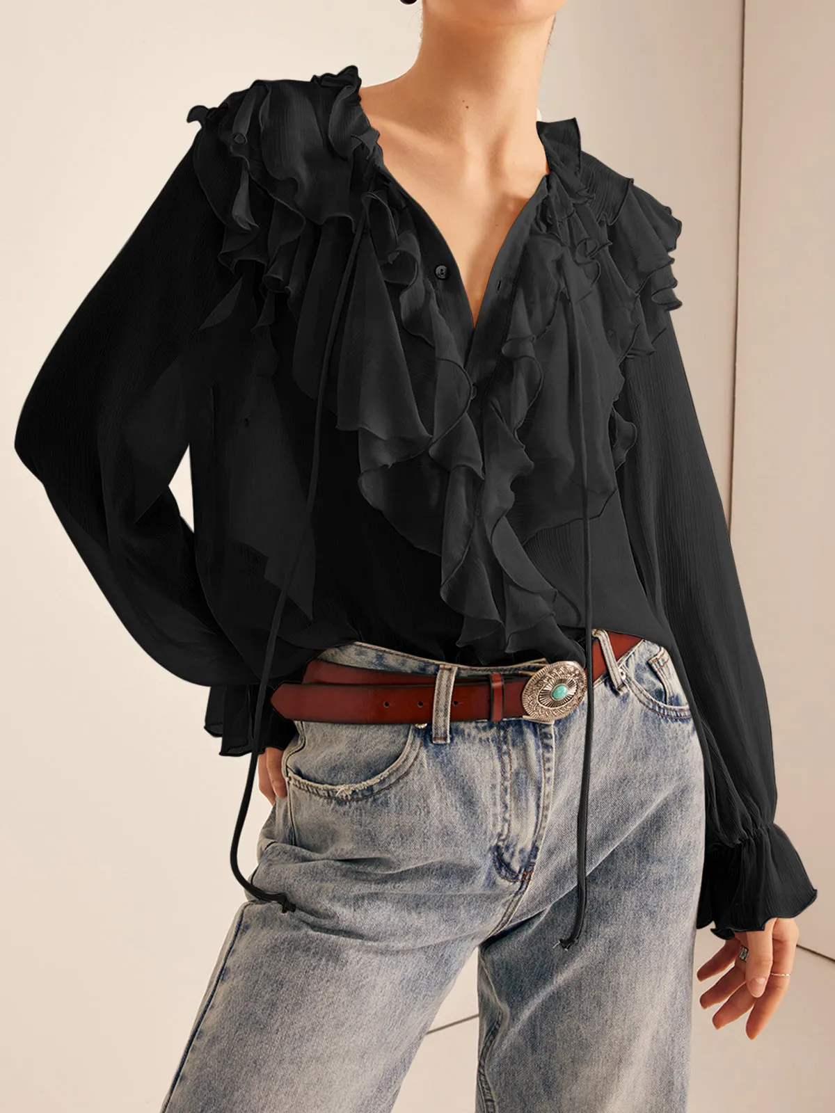 Semi-Sheer Ruffle Chiffon Breasted Blouse