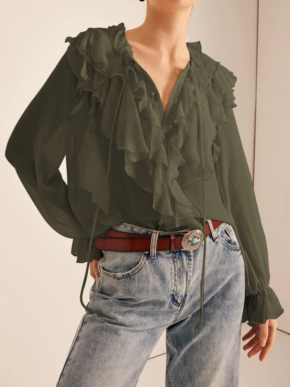 Semi-Sheer Ruffle Chiffon Breasted Blouse