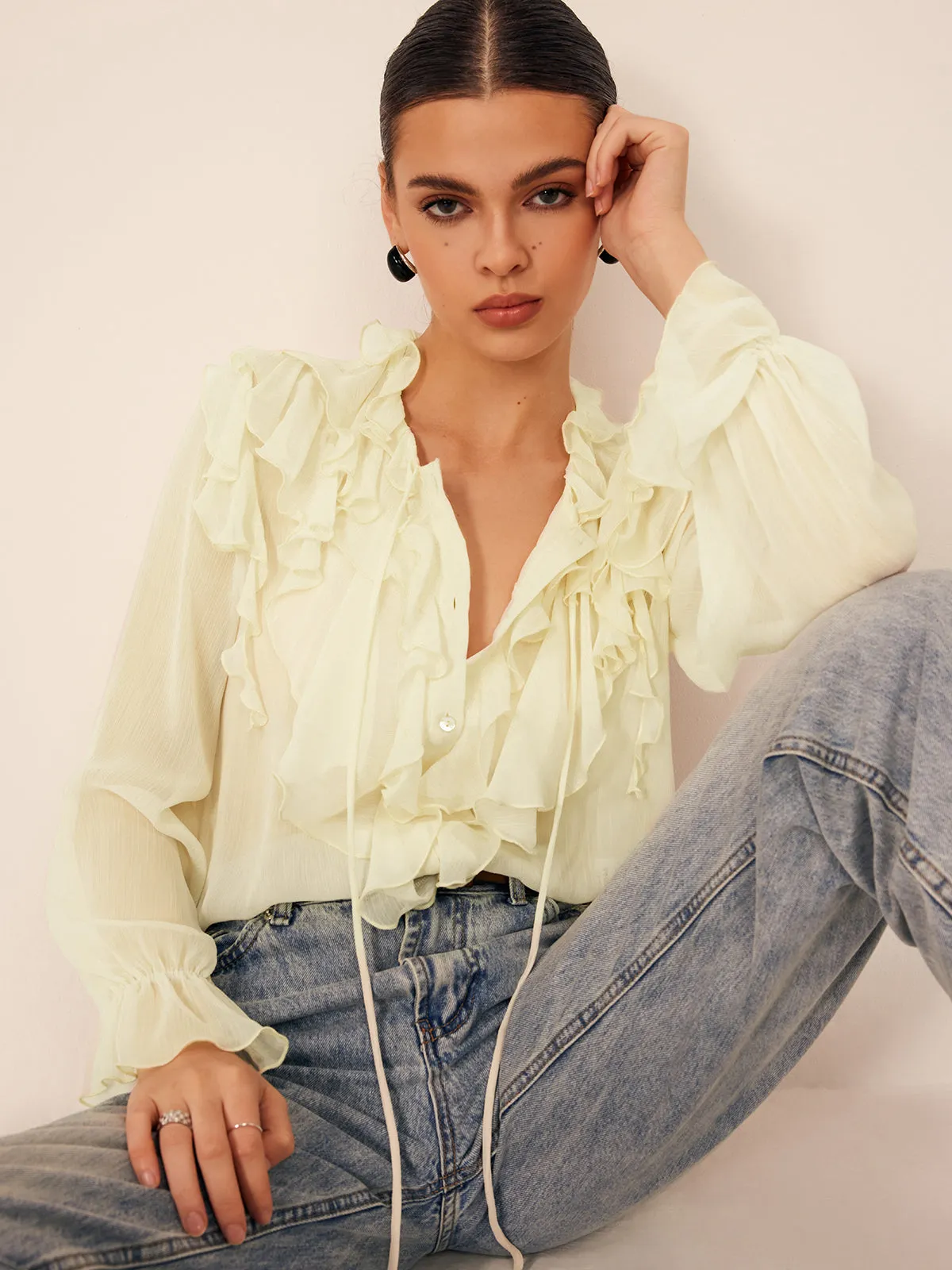 Semi-Sheer Ruffle Chiffon Breasted Blouse