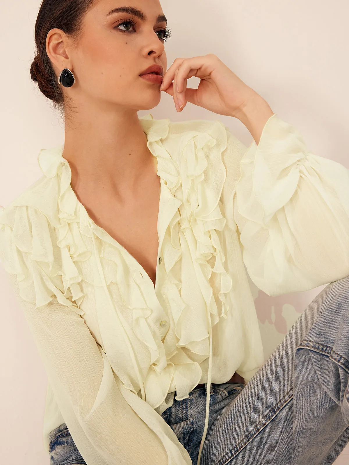 Semi-Sheer Ruffle Chiffon Breasted Blouse