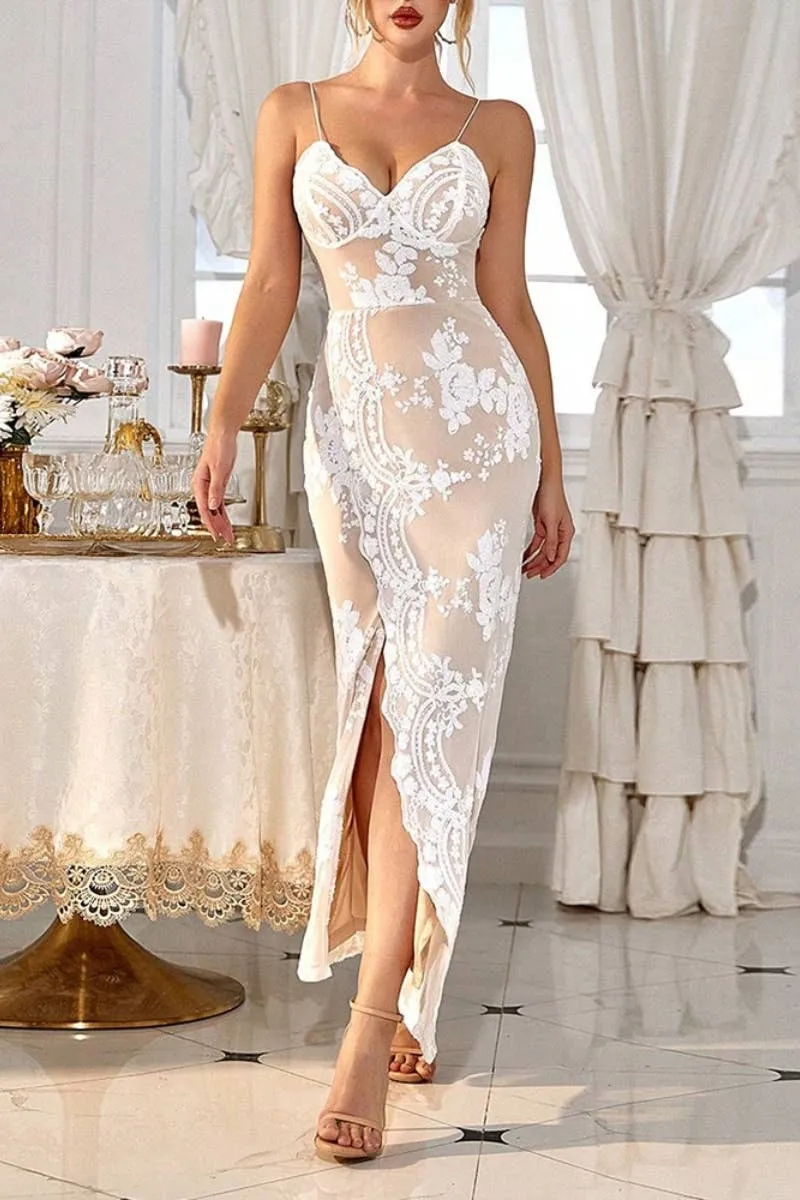 SEQUIN DRESS WITH SLIT WRAP BACKLESS HALTER DRESS