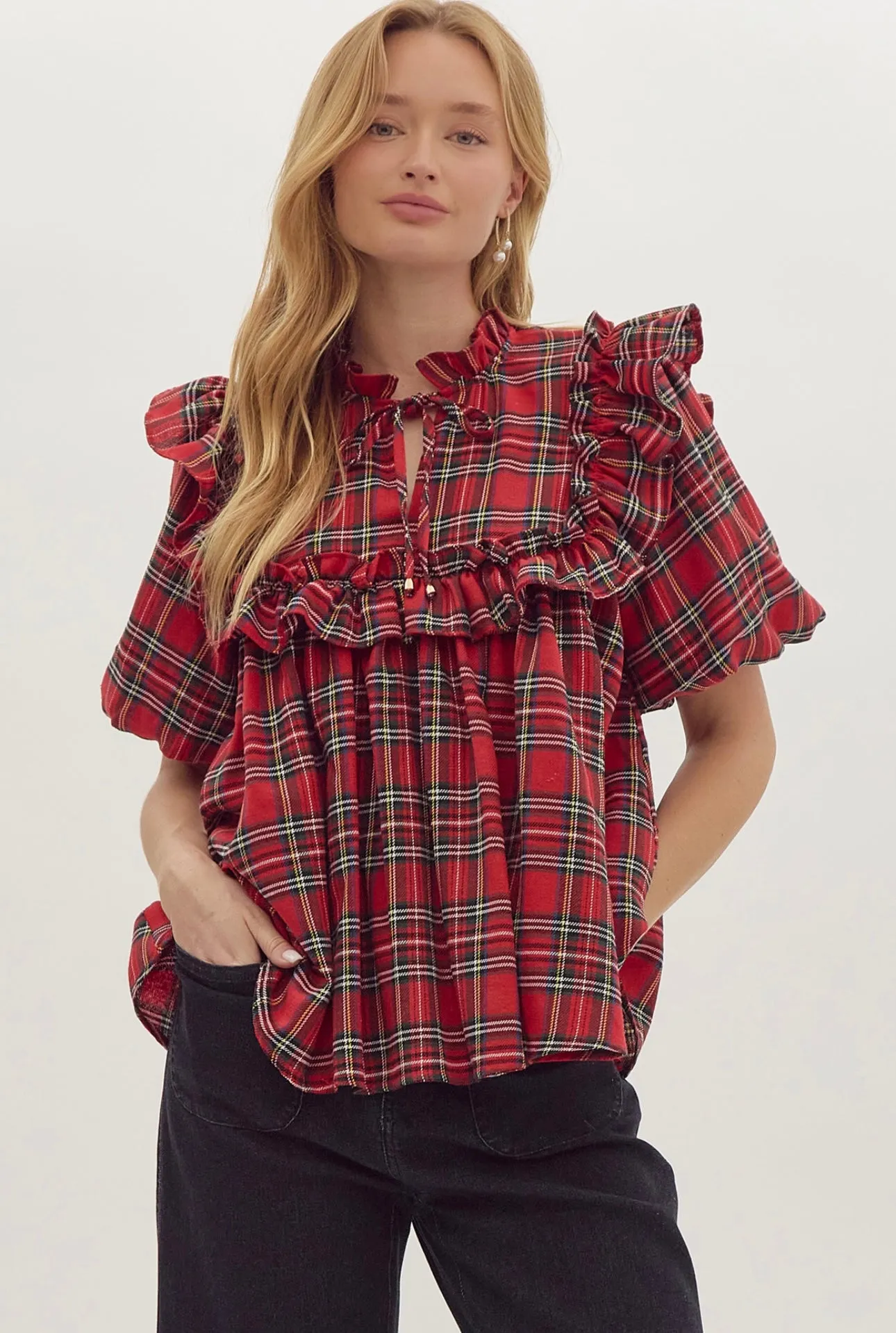 Serena Red Plaid Top